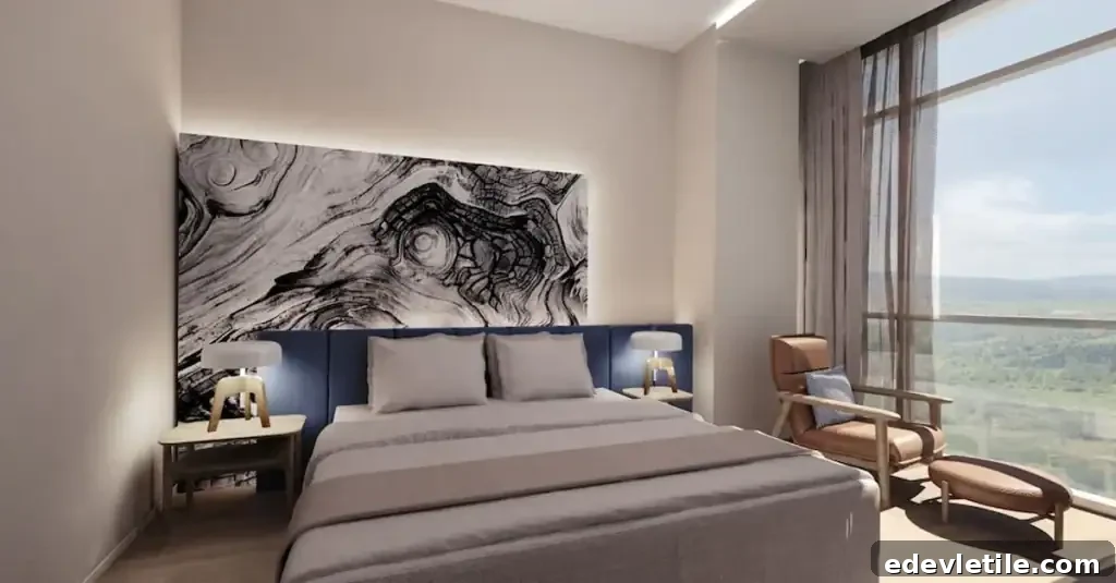 Contemporary hotel room at Park Dedeman Kastamonu with minimalist decor, floor-to-ceiling window, and panoramic views of forested hills.