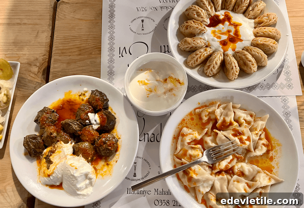 A variety of Amasya specialties including stuffed grape leaves with yogurt, two types of mantı (Turkish dumplings) with yogurt and butter sauce, served on a wooden table.