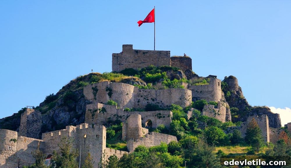 Amasya Castle's stone walls stretch up a lush, green hill, crowned with a Turkish flag waving at the top.