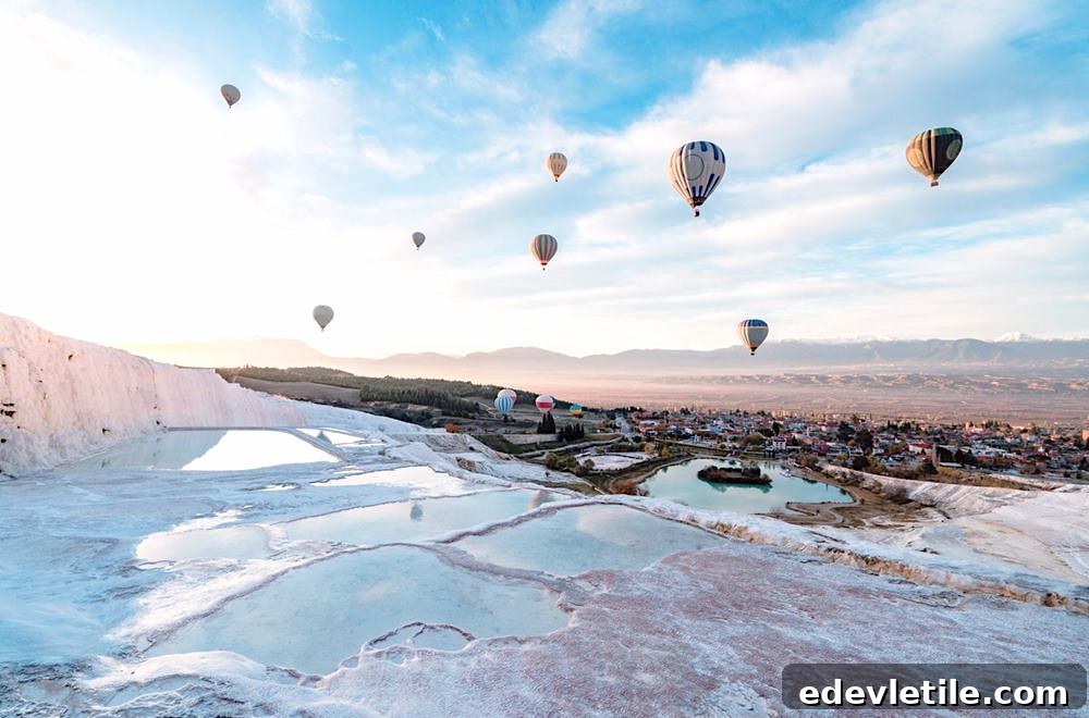 Hot air balloons float over the white travertine terraces of Pamukkale at sunrise, with shallow turquoise pools in the foreground and a small town and mountains in the distance.