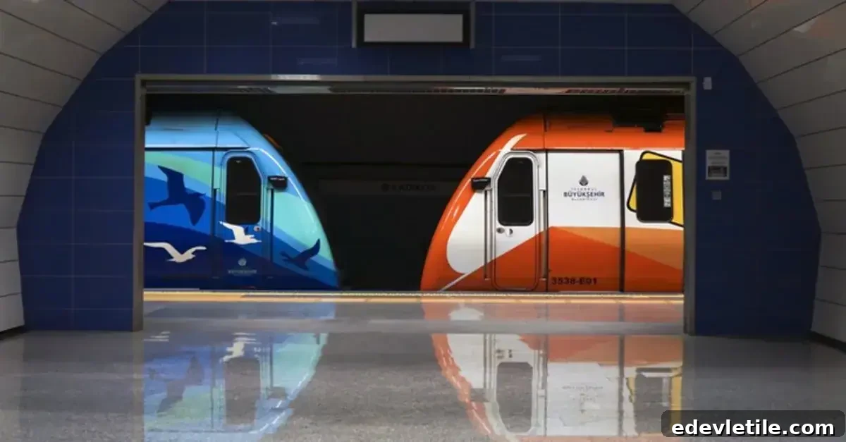 Modern metro train arriving at an underground station with blue and orange design on the front cars.