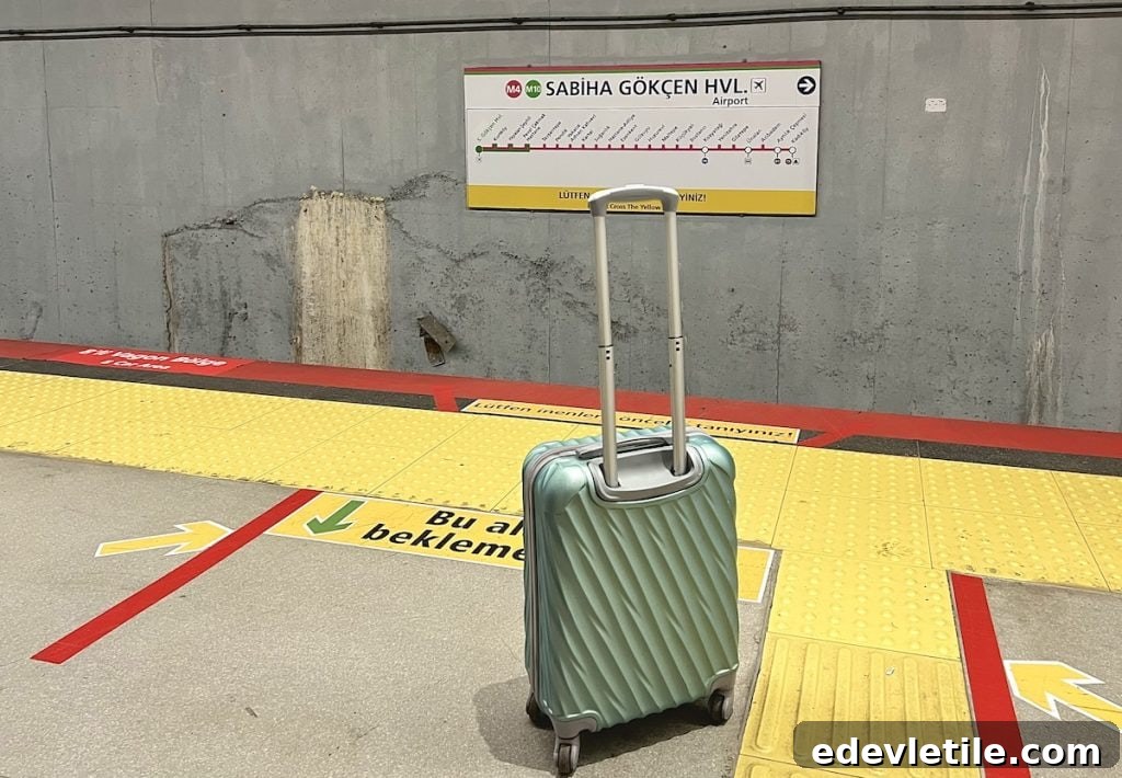 Metro platform sign reading Sabiha Gokcen Havalimani Airport with the M4 line marked above the route map. A small rolling suitcase stands on the platform floor illustrating how to reach SAW Airport by metro when traveling to or from Kadikoy.