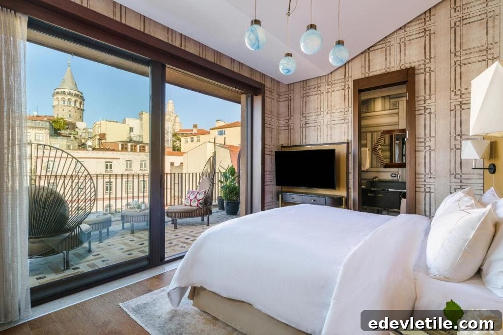 Elegant hotel room with floor-to-ceiling windows opening to a private terrace with chairs and a direct view of Galata Tower.