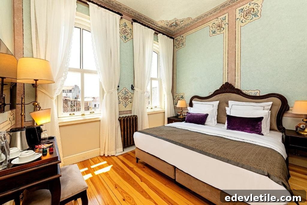 Elegant hotel bedroom with turquoise and beige detailing, featuring tall windows and views of Galata Tower.