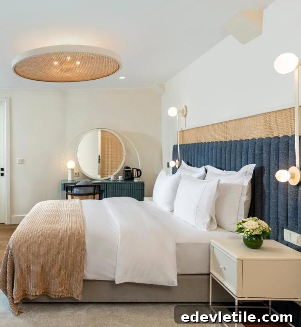 Scandinavian-style hotel room with a light, airy feel and elegant, neutral tones, featuring a plush bed and circular mirror.