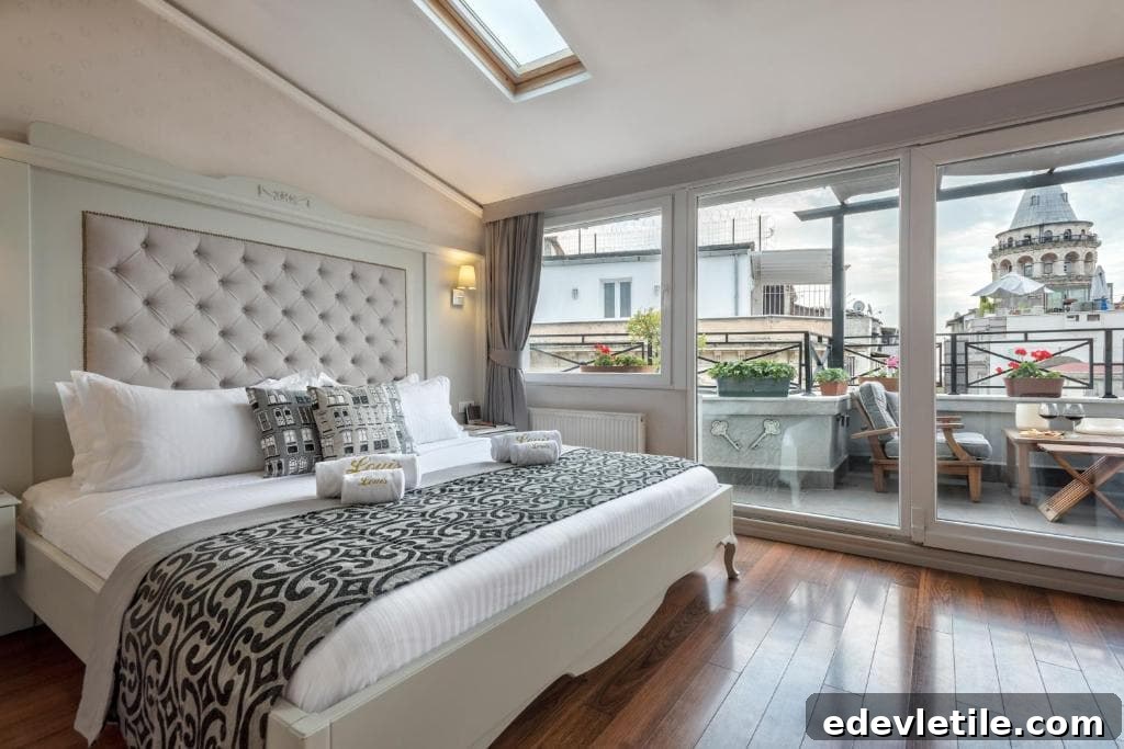 Cozy hotel room with a king bed and floral terrace, looking directly toward the Galata Tower through large glass doors.