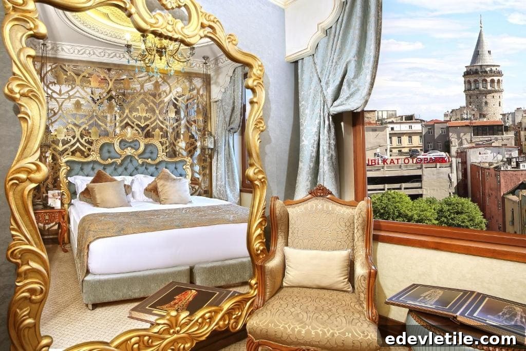 Opulent suite with gold accents, plush upholstery, and a framed view of Galata Tower through the window.