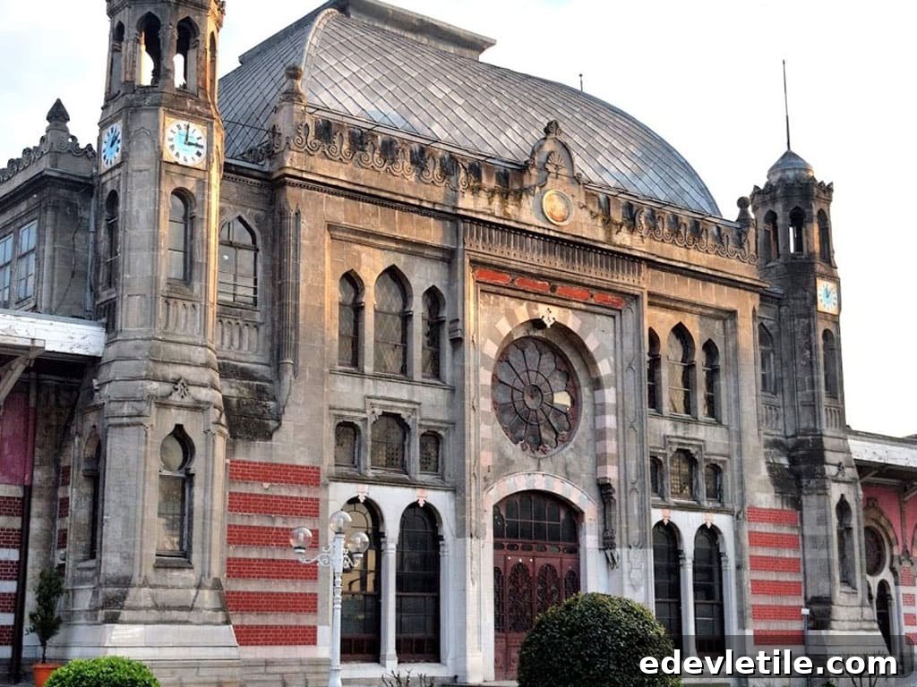 Exterior of Sirkeci Station in Istanbul, an ornate historic railway terminal known as the final stop of the famed Orient Express.