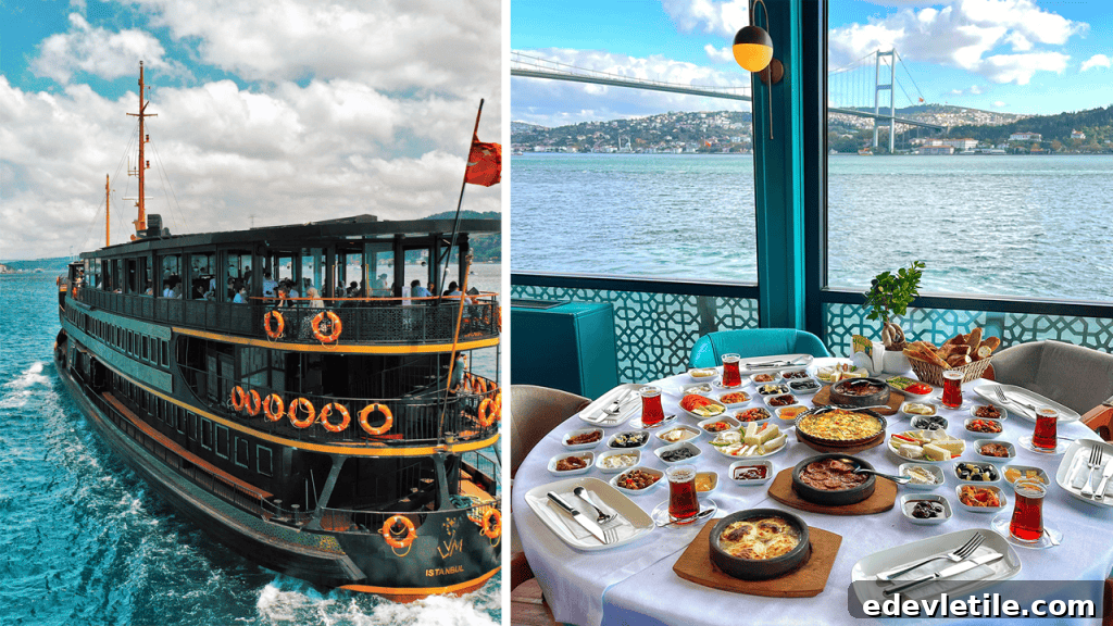 Split image showing a Bosphorus brunch cruise in Istanbul, with a vintage-style black ferry on the water and a table set with a full Turkish breakfast overlooking the bridge.