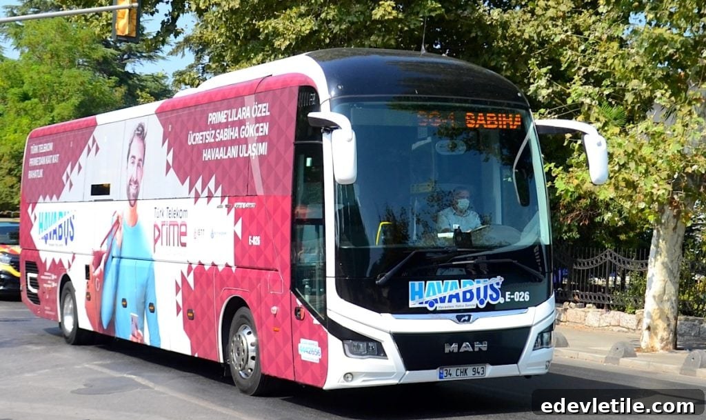 HAVABUS airport shuttle bus driving in Istanbul, showing one of the main transport options from Sabiha Gokcen Airport to Sultanahmet Old Town.
