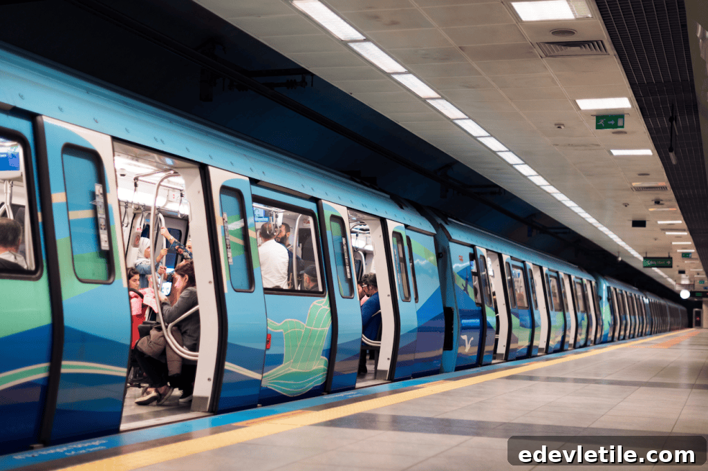 Modern metro train in Istanbul stopped at an underground platform with passengers seated inside. This image shows the public transport option from Sabiha Gokcen Airport connecting toward Taksim by metro.