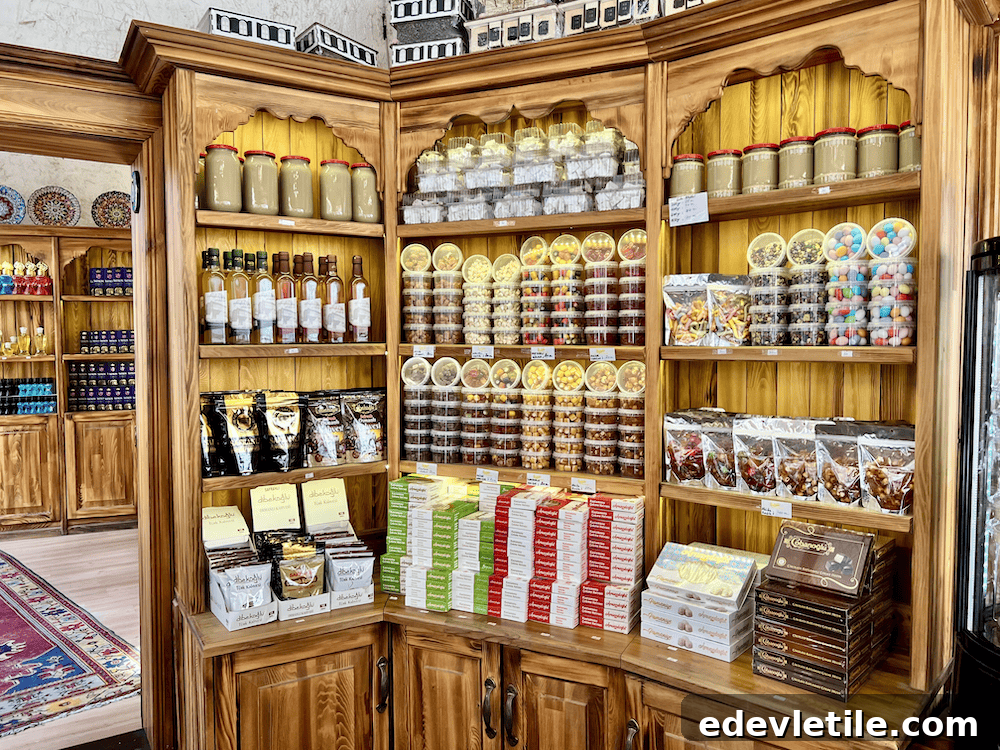 Wooden display shelves packed with lokum, dried fruits, spices, jars of tahini, and boxed sweets in an Ottoman-style store interior.