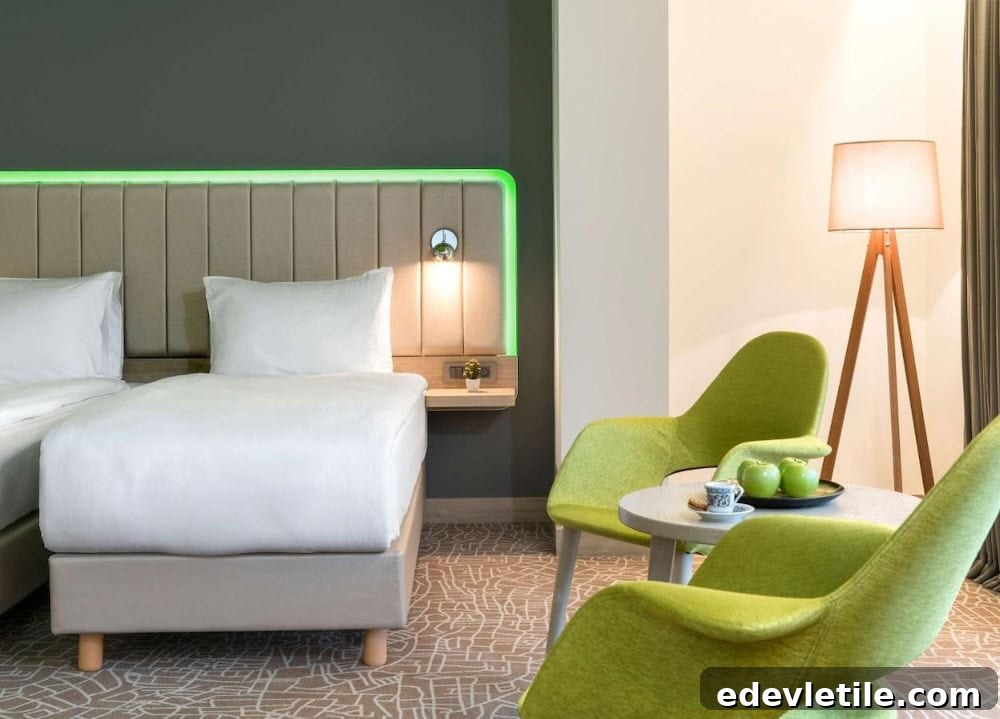 Bright and modern hotel room with twin beds, lime green armchairs, and contemporary lighting near Istanbul Airport.