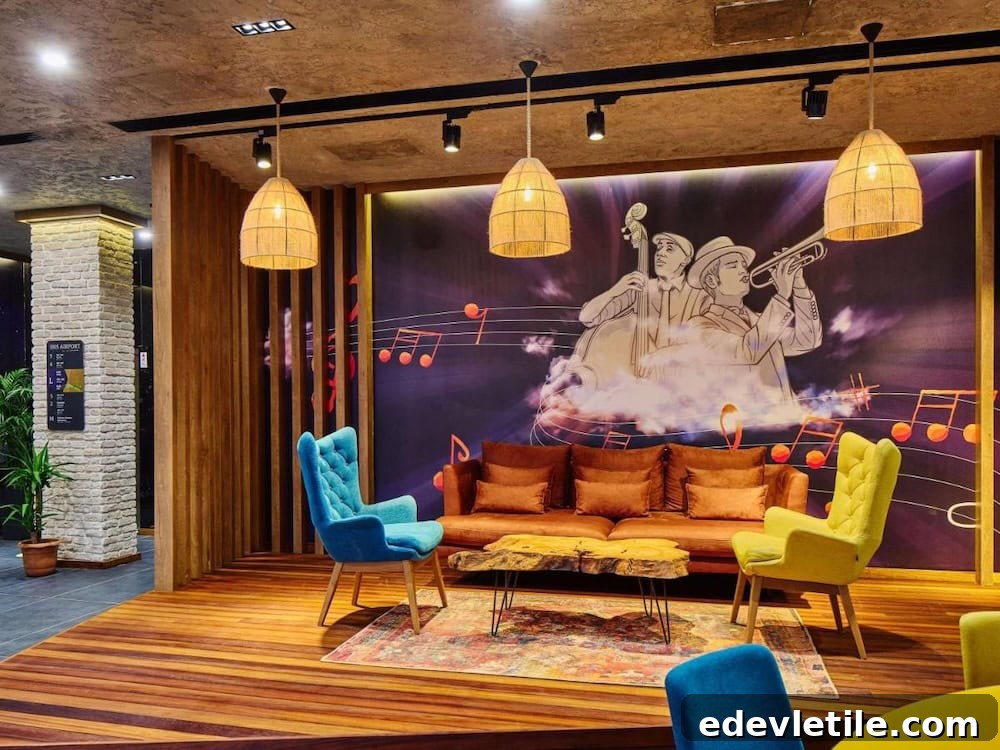 Vibrant hotel lounge with jazz-themed wall art, cozy seating, and warm lighting near Istanbul Airport.