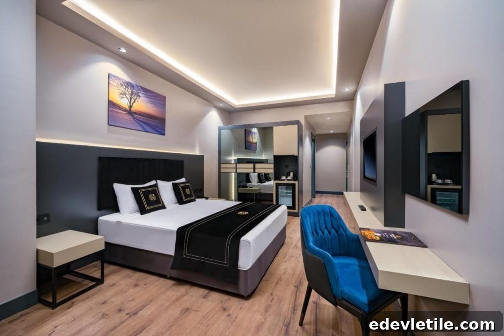 Elegant hotel room at Hidden Hills Hotel near Istanbul Airport, with a king-size bed, dark curtains, and a private balcony.