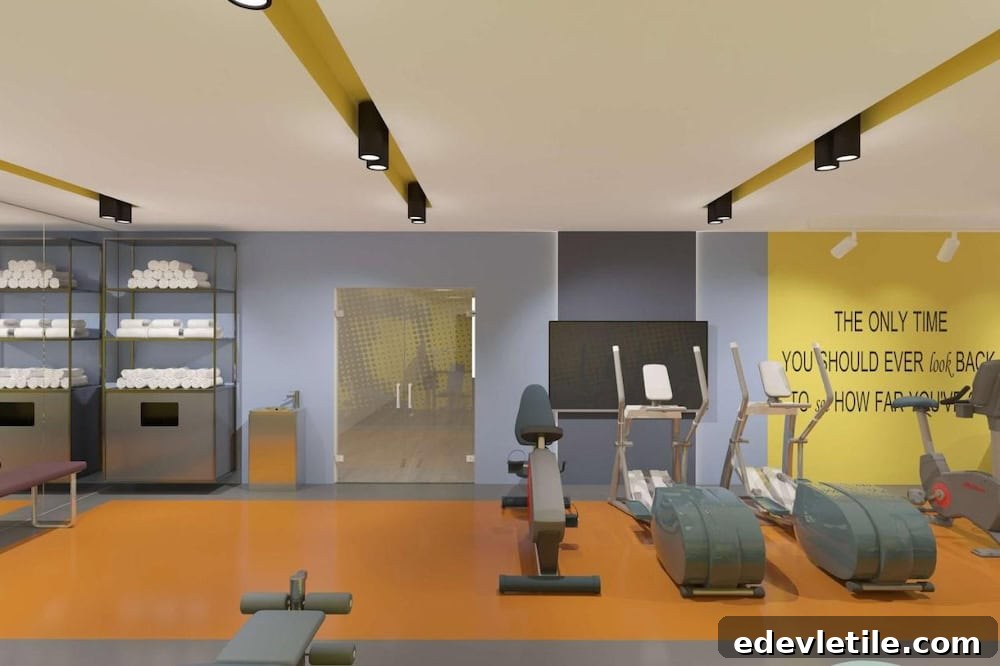 Colorful fitness center at Hampton by Hilton near Istanbul Airport, with cardio machines and motivational wall quotes.
