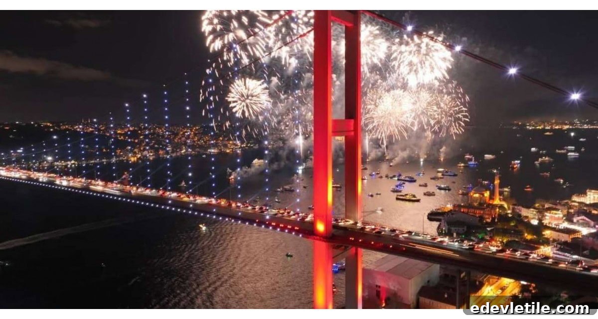 Colorful fireworks light up the sky over Istanbul’s Bosphorus Bridge at night, with boats below and city lights sparkling along the water for New Year's celebrations