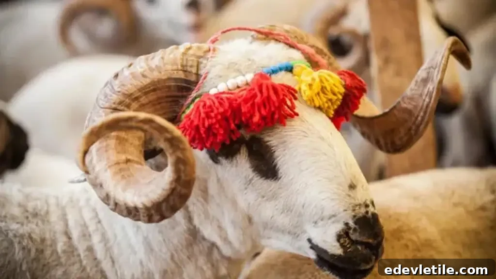 A ram with large curved horns is adorned with colorful pom-pom decorations, symbolizing the tradition of animal sacrifice during Kurban Bayram (Eid al-Adha).