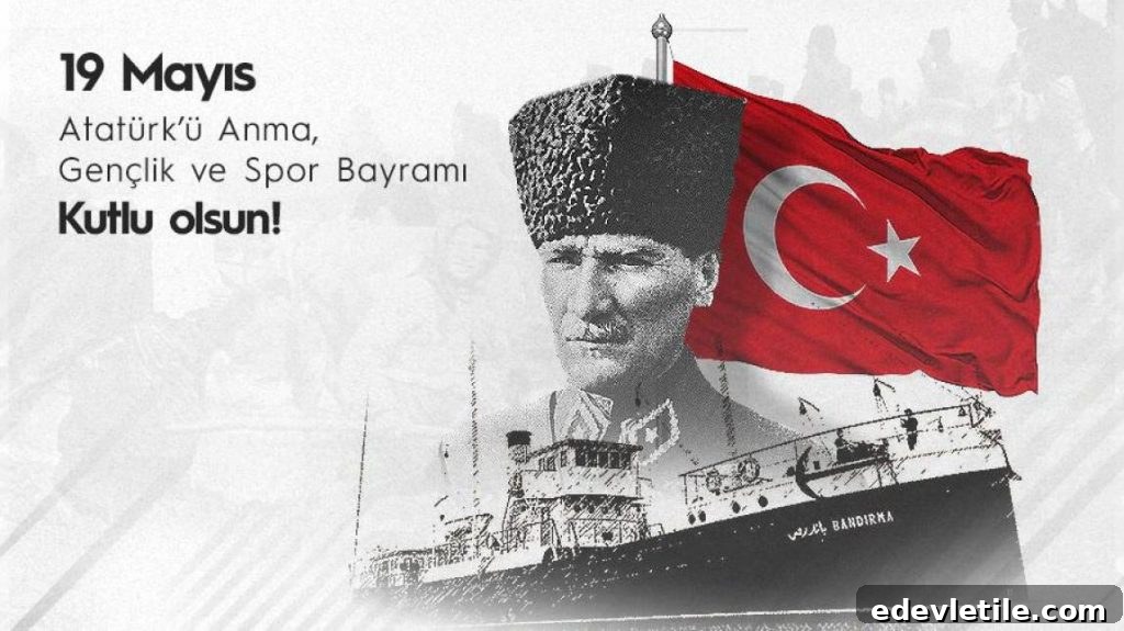 A stylized image of Atatürk over the Bandırma ship with the Turkish flag in the background, alongside Turkish text celebrating May 19th Youth and Sports Day.