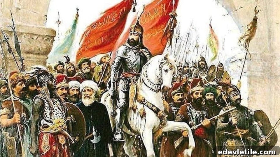 A detailed painting of Ottoman Sultan Mehmed II on horseback entering Constantinople with soldiers, symbolizing the 1453 conquest of Istanbul.