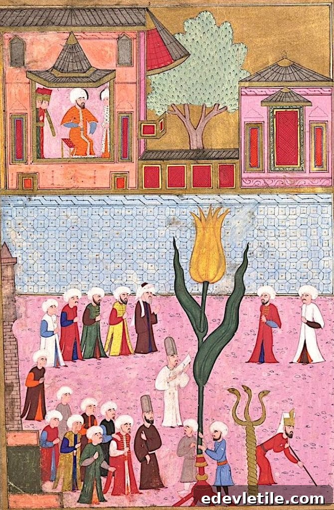 Ottoman miniature painting depicting a ceremonial scene with a giant symbolic tulip in the center, surrounded by courtiers in traditional robes.