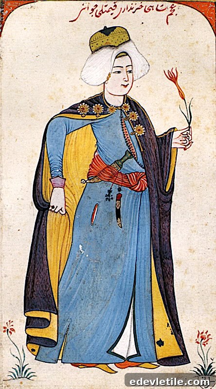 Ottoman-style illustration of a nobleman in elaborate robes holding a single tulip, symbolizing refinement and beauty.