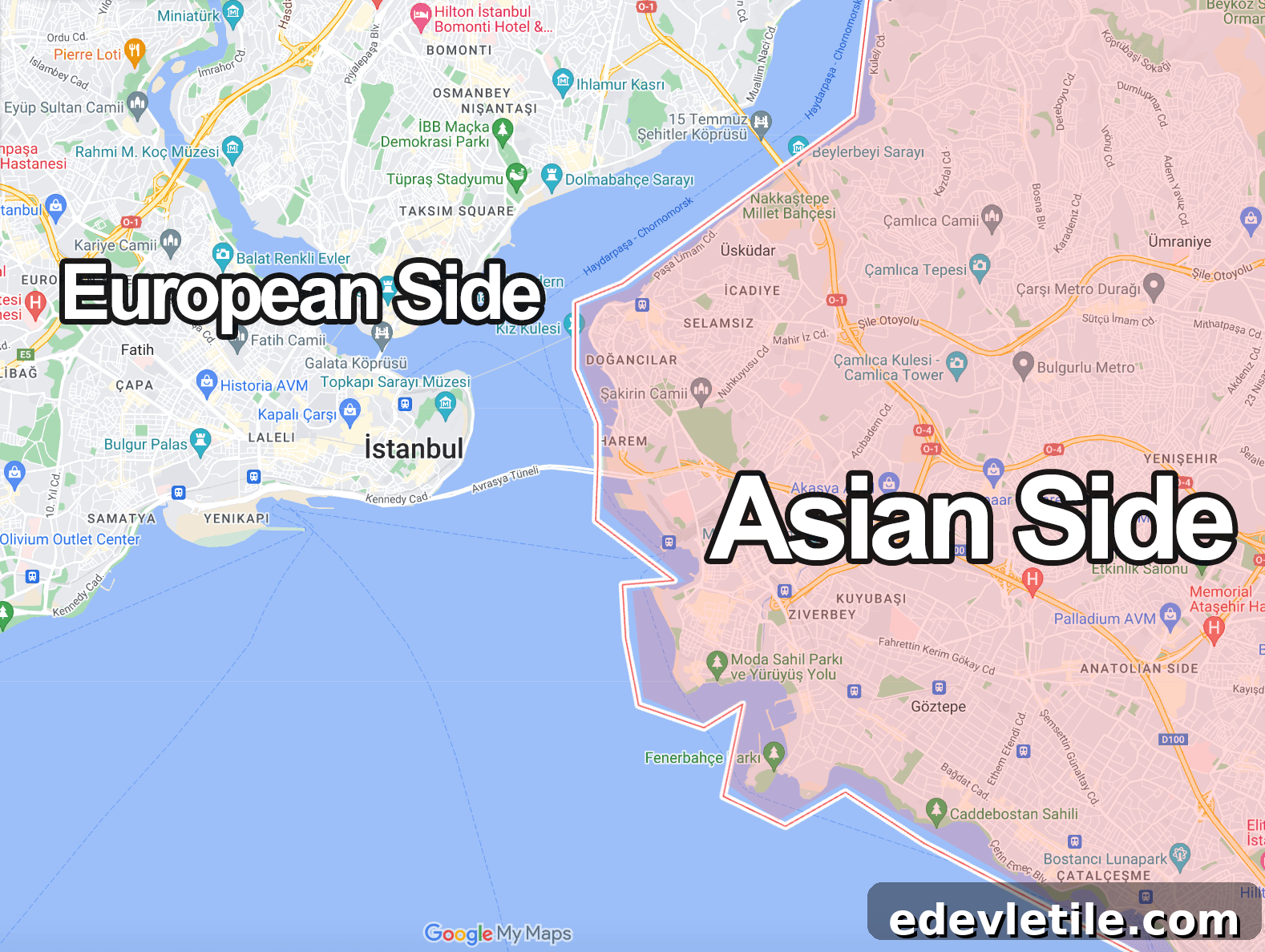 Map of Istanbul labeled European Side and Asian Side separated by the Bosphorus Strait. 