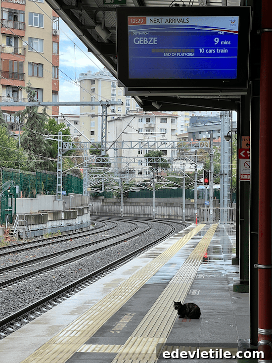 Marmaray train platform with digital screen showing next arrival to Gebze. This represents the Marmaray train option connecting the European and Asian sides under the Bosphorus.