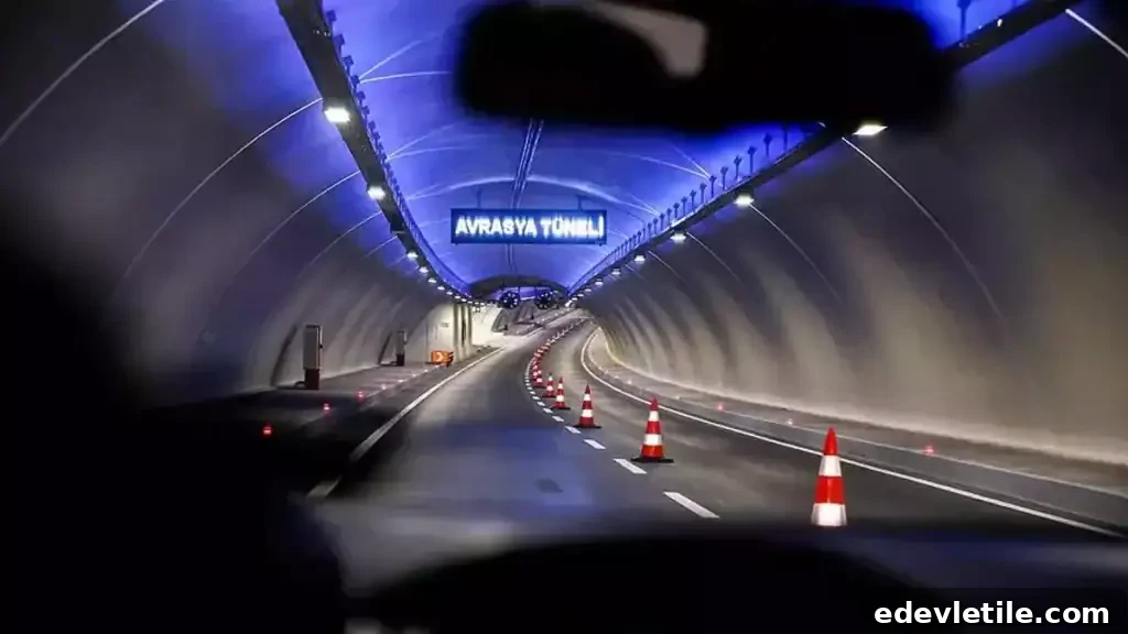 Interior view driving through the Avrasya Tunneli with blue lighting and traffic cones along the road. This image represents traveling by car or taxi between the European Side and the Asian Side through the underwater Avrasya tunnel.