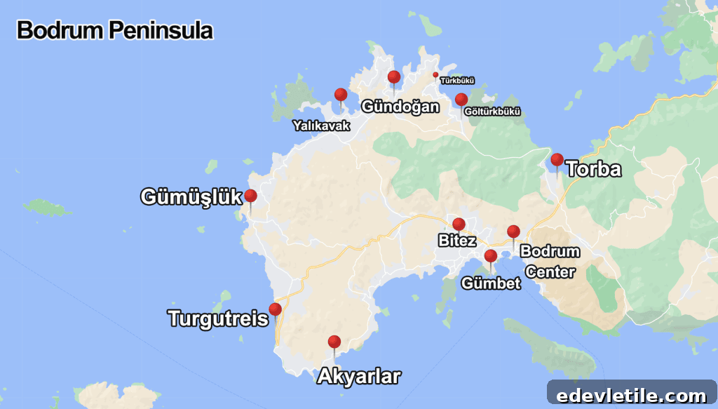 Map of the Bodrum Peninsula in Turkey showing key areas and neighborhoods, including Bodrum Center, Gümüşlük, Yalıkavak, Gündoğan, Türkbükü, Göltürkbükü, Torba, Bitez, Gümbet, Akyarlar, and Turgutreis, marked with red pins for location reference.
