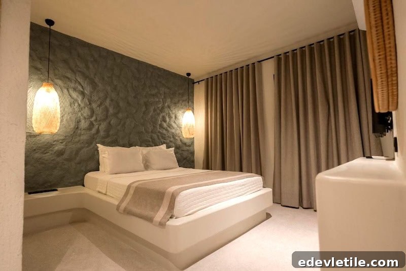Modern minimalist hotel room in Bitez with a soft neutral palette, textured stone accent wall, and ambient hanging lamps flanking a platform bed.