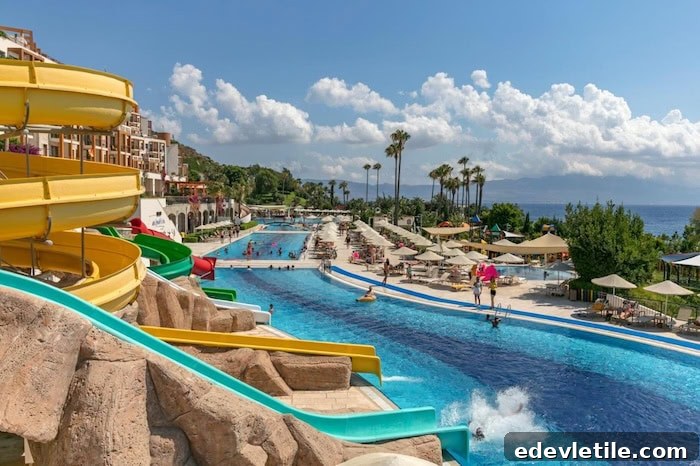 Vibrant resort in Akyarlar with multiple winding water slides leading into a long swimming pool, surrounded by lounge chairs and palm trees.