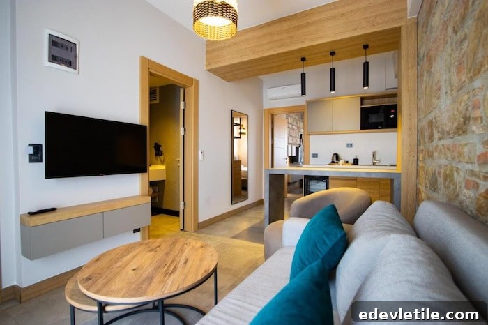 Modern, compact apartment suite in Turgutreis with a small kitchen, cozy sofa, flat-screen TV, and natural wood accents.