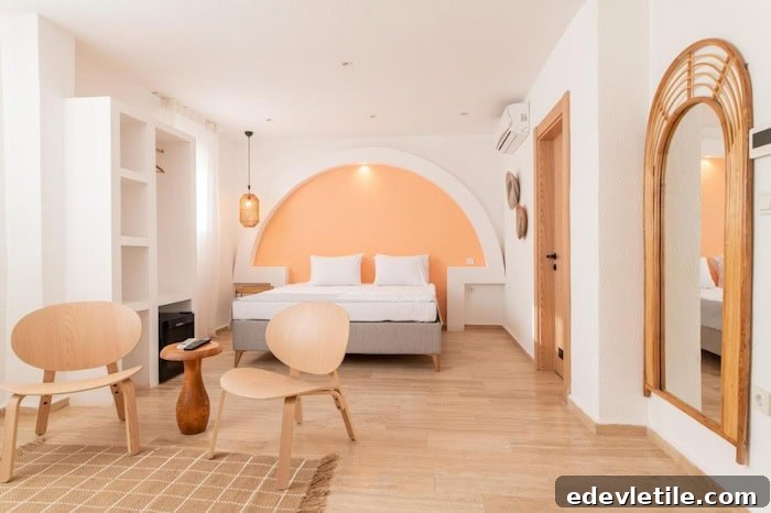 Airy hotel room in Turgutreis with soft peach accents, arched headboard, minimalist furniture, and natural light creating a relaxed vibe.