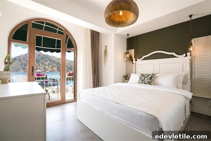 Cozy coastal hotel room in Gümüşlük featuring a white bed, dark green accent wall, and an arched doorway leading to a balcony with views of the sea and nearby hills.