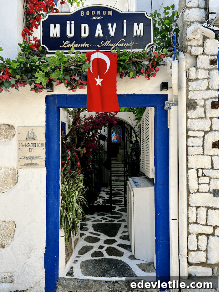 Charming stone alley entrance to Bodrum MüdaVim Lokanta Meyhanesi, framed by flowering vines, a blue-painted archway, and a hanging Turkish flag.