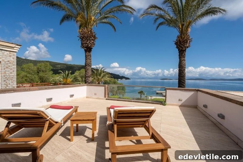 Two wooden loungers on a spacious terrace with palm trees and ocean views, offering a relaxed atmosphere above the coastal greenery of Torba.