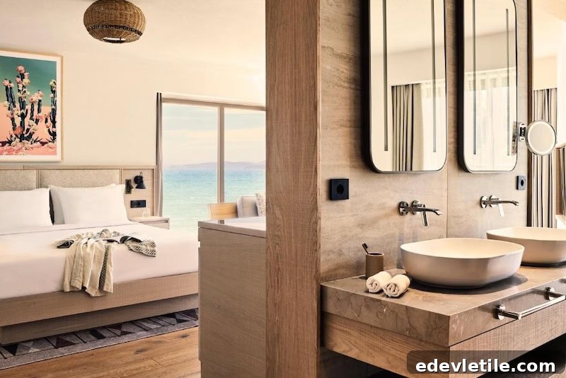 Elegant hotel suite in Torba featuring a modern bathroom with double sinks and a sea-facing bedroom, all in a neutral wood and stone design.