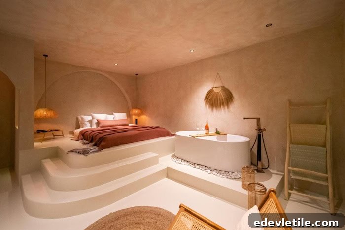 Stylish, minimalist hotel suite in Bodrum featuring a sunken bed platform, soft ambient lighting, a soaking tub near the bed, and neutral earth tones throughout.