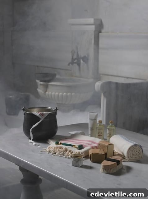 Steamy marble room at Cagaloglu Hammam with soaps, towels, scrubbing mitts, and spa products arranged for a Turkish bath ritual.