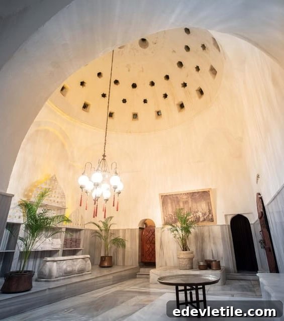 Vaulted ceiling and domed roof of Cagaloglu Hammam with traditional marble features, hanging chandelier, and ornamental plants.