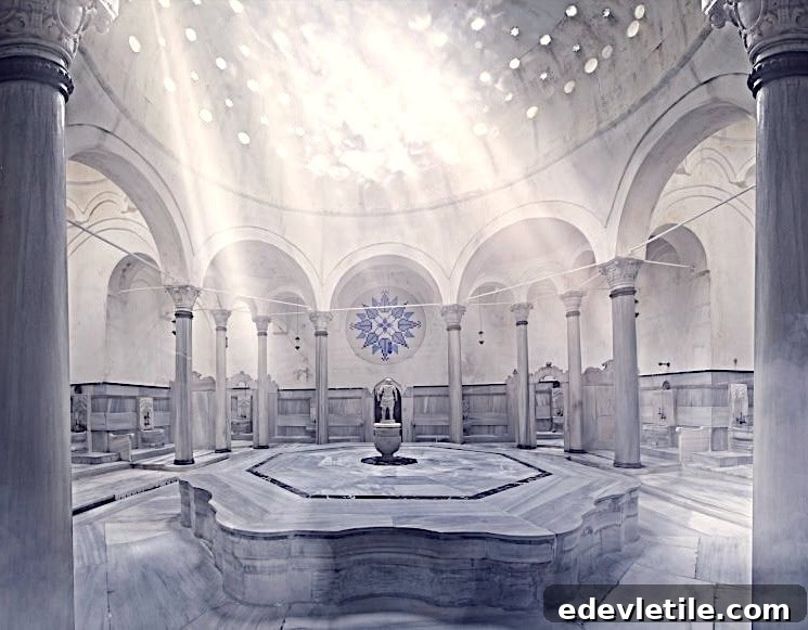 Sunlight streaming through star-shaped openings in the dome of a grand historic Turkish hammam with marble interiors and central fountain.