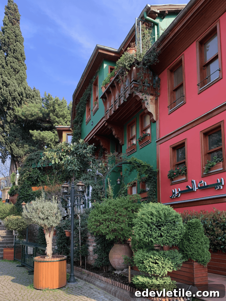 Colorful, greenery-covered buildings in Bursa, including one with a red facade and signage, lined with potted plants and lanterns.