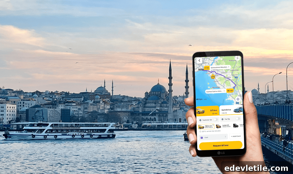 Hand holding a phone with a Turkish taxi app open, with Istanbul’s historic skyline and ferry boats in the background.