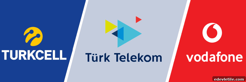 Logos of the three major Turkish mobile operators: Turkcell, Türk Telekom, and Vodafone on colored backgrounds.