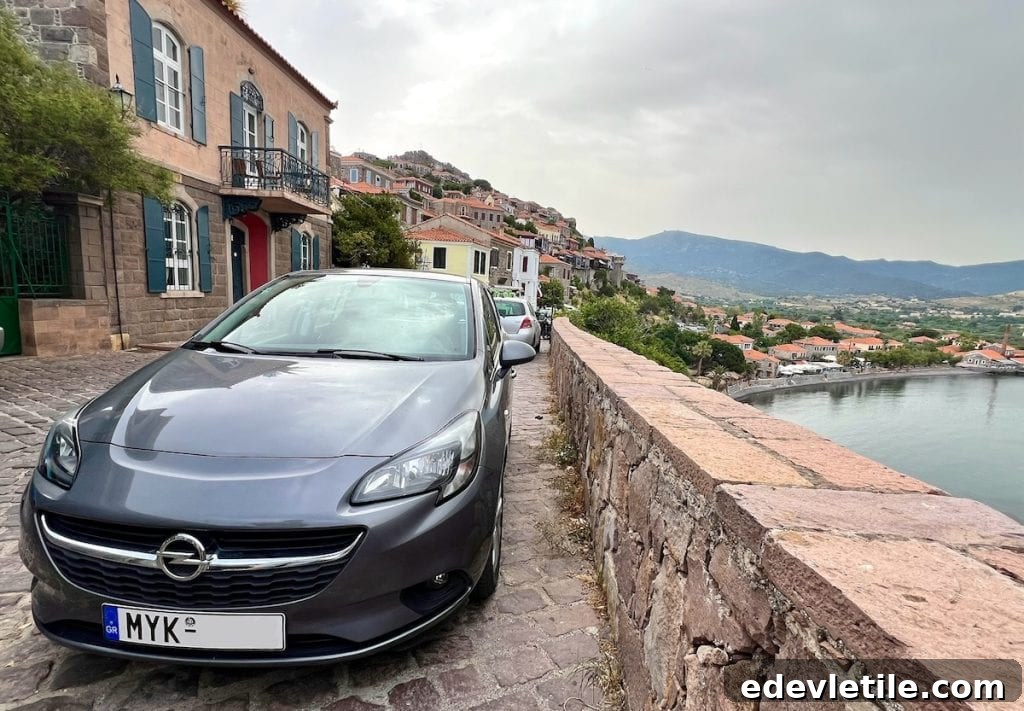 Rental car with Molyvos in the background