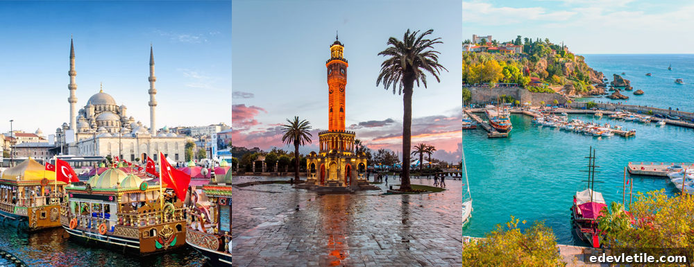 Collage of three famous Turkey honeymoon spots: Istanbul with mosque and boats, Izmir’s Clock Tower at sunset, and Antalya’s turquoise coastline with boats.