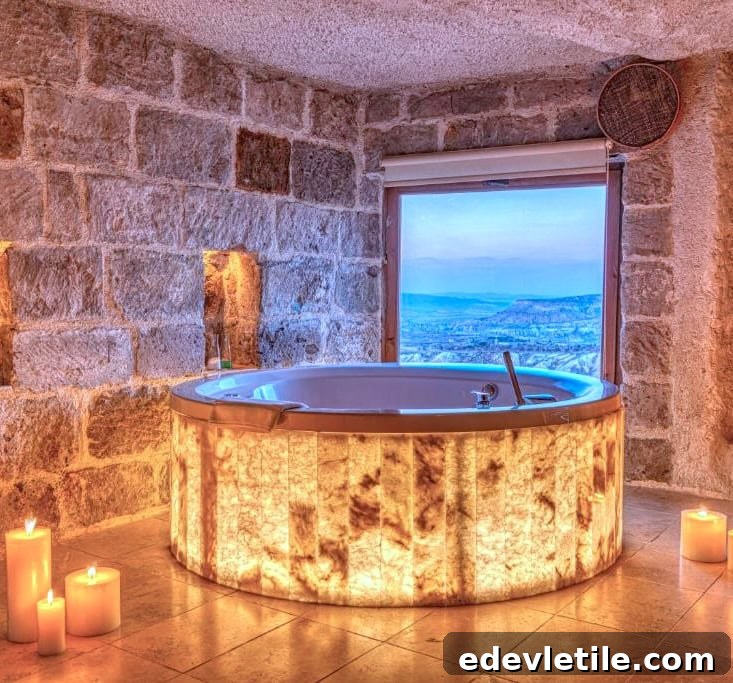 Cozy cave hotel room in Cappadocia with a glowing jacuzzi surrounded by candles and a panoramic mountain view.