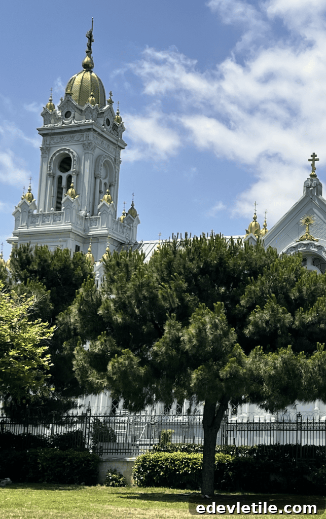 Gleaming white and gold domes of the Bulgarian St. Stephen Church in Balat rising behind green trees on a sunny day.
