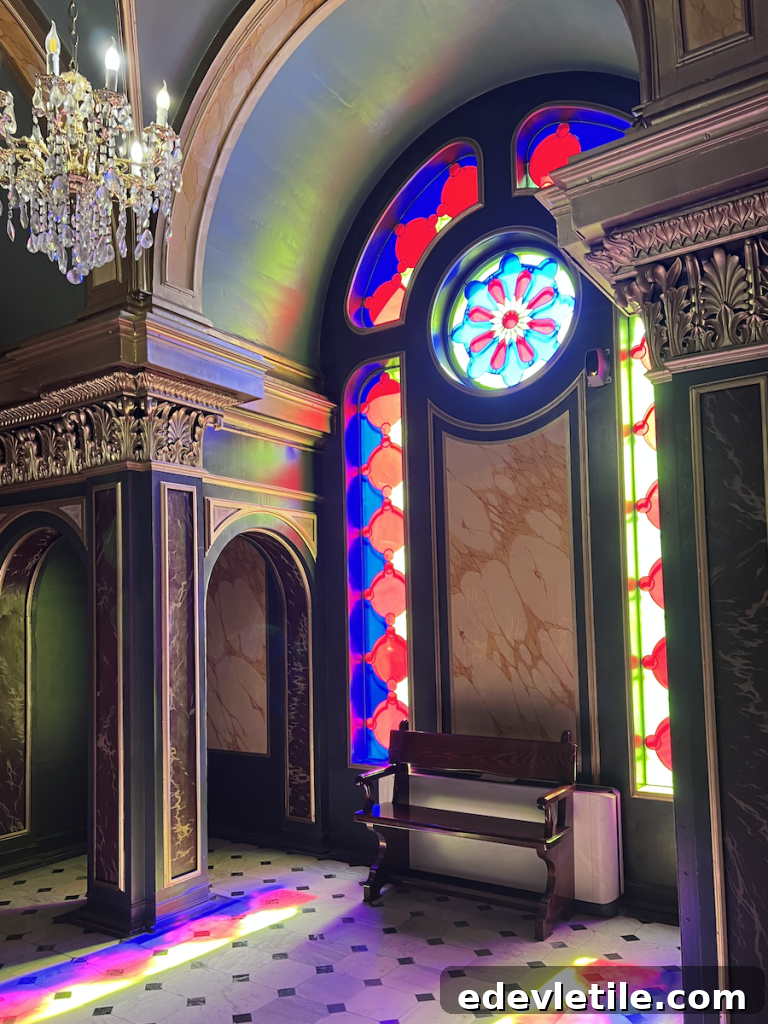 Colorful stained glass windows casting light on the ornate marble columns and tiled floor inside the Bulgarian St. Stephen Church in Balat.